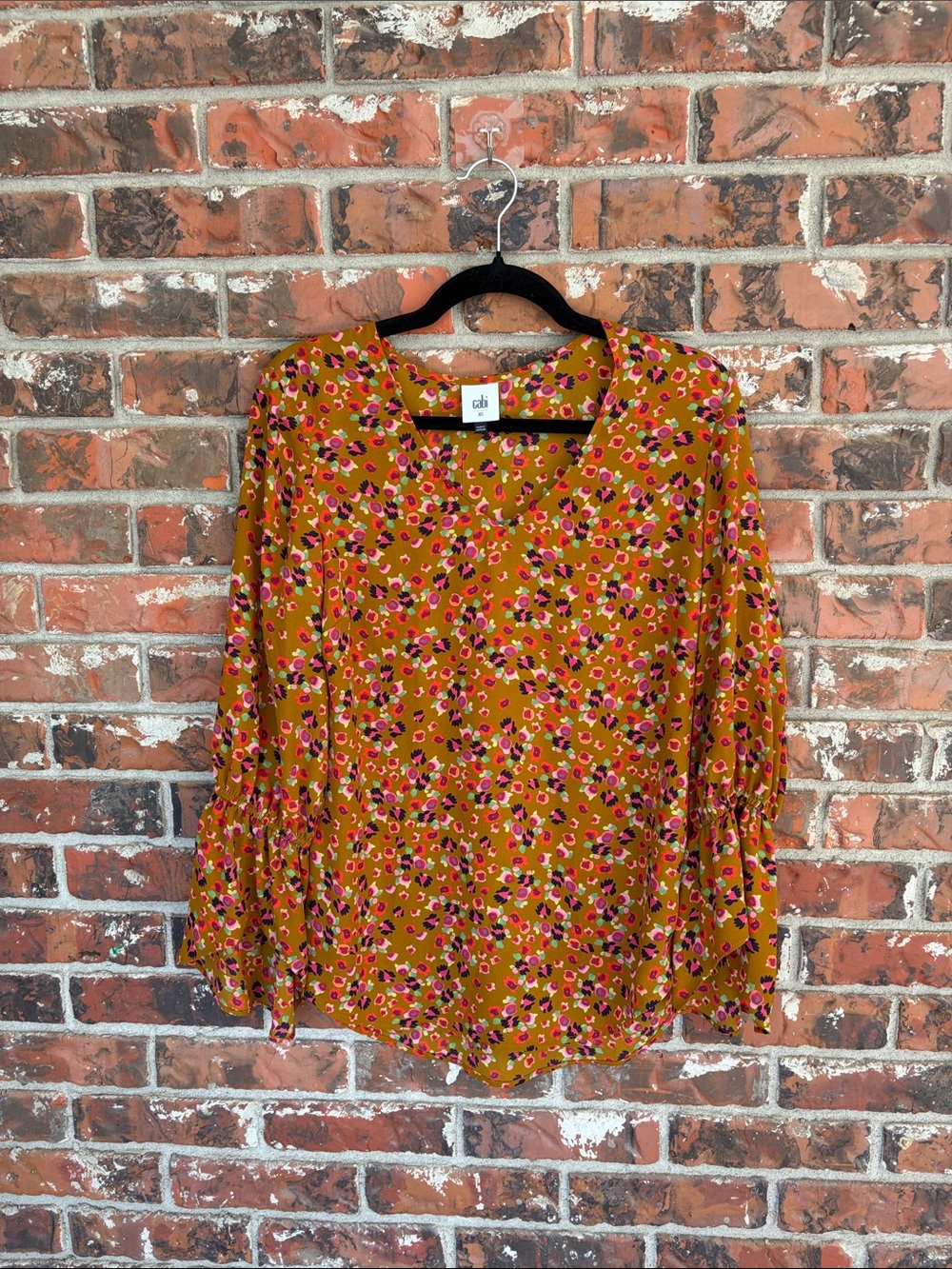CAbi Mustard Floral V-Neck Blouse with Pink & Burgundy Accents